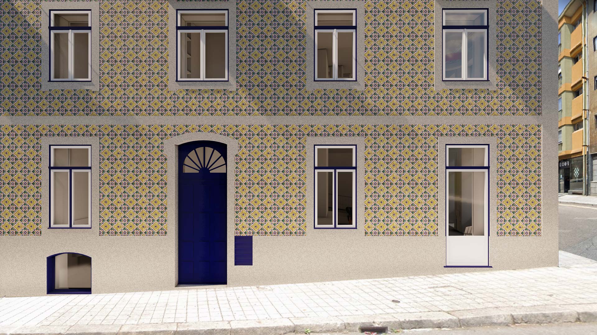 Fachada reabilitada do edifício em Aníbal Cunha convertido em 9 apartamentos turísticos - imagem virtual.