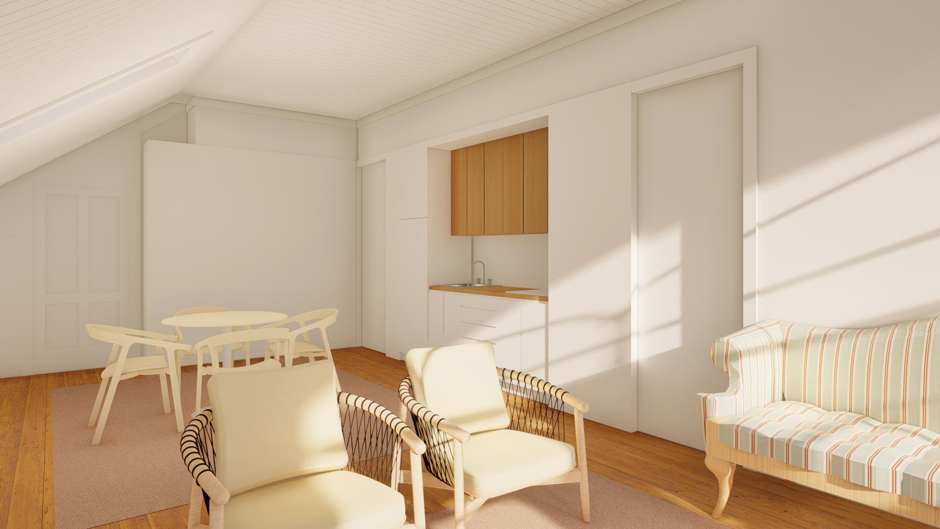 Sala comum co cozinha integrada em águas furtadas de prédio reabilitado, no Porto.