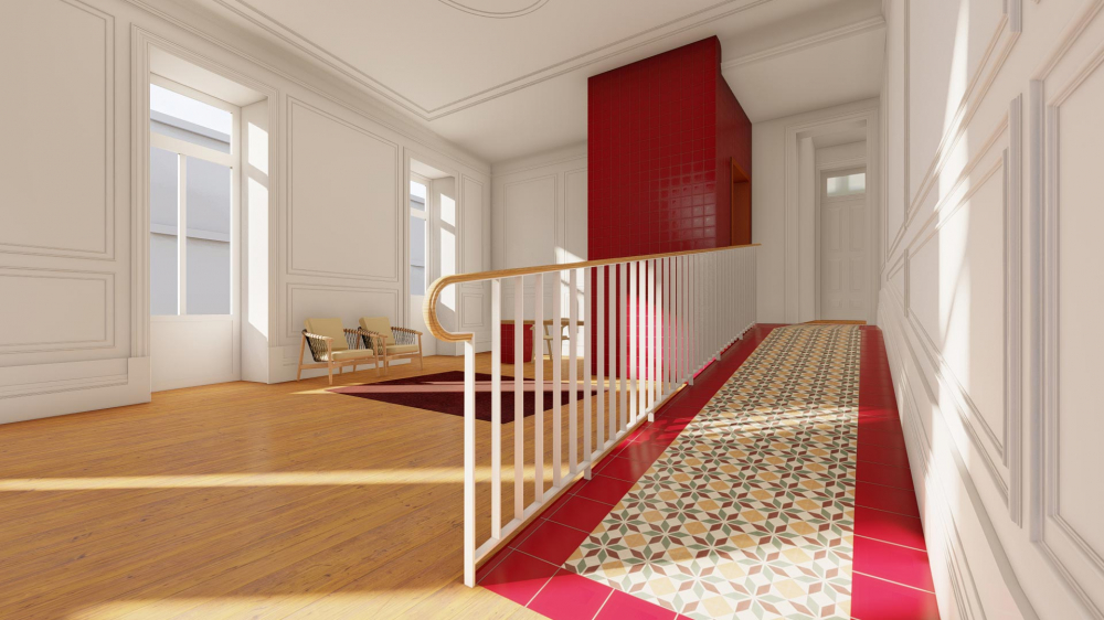 Lobby de edifício de apartamentos reabilitado e remodelado na Boavista