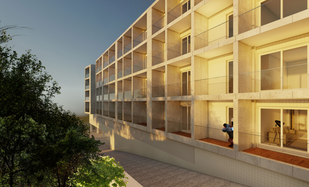 Edifício de apartamentos em Paranhos - Vista do alçado poente e do acesso ao parque público de estacionamento