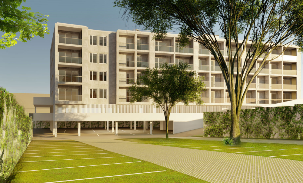 Edifício de apartamentos em Paranhos - perspectiva, a partir do parque de estacionamento