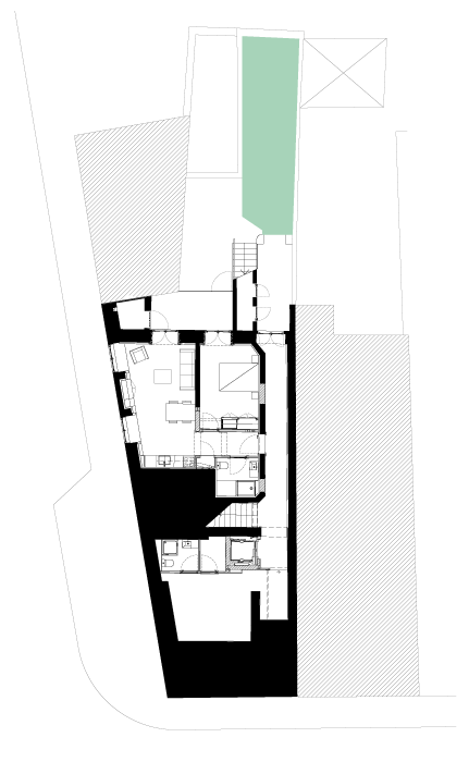 Planta do piso inferior do projecto de reabilitação e reconversão de edifício