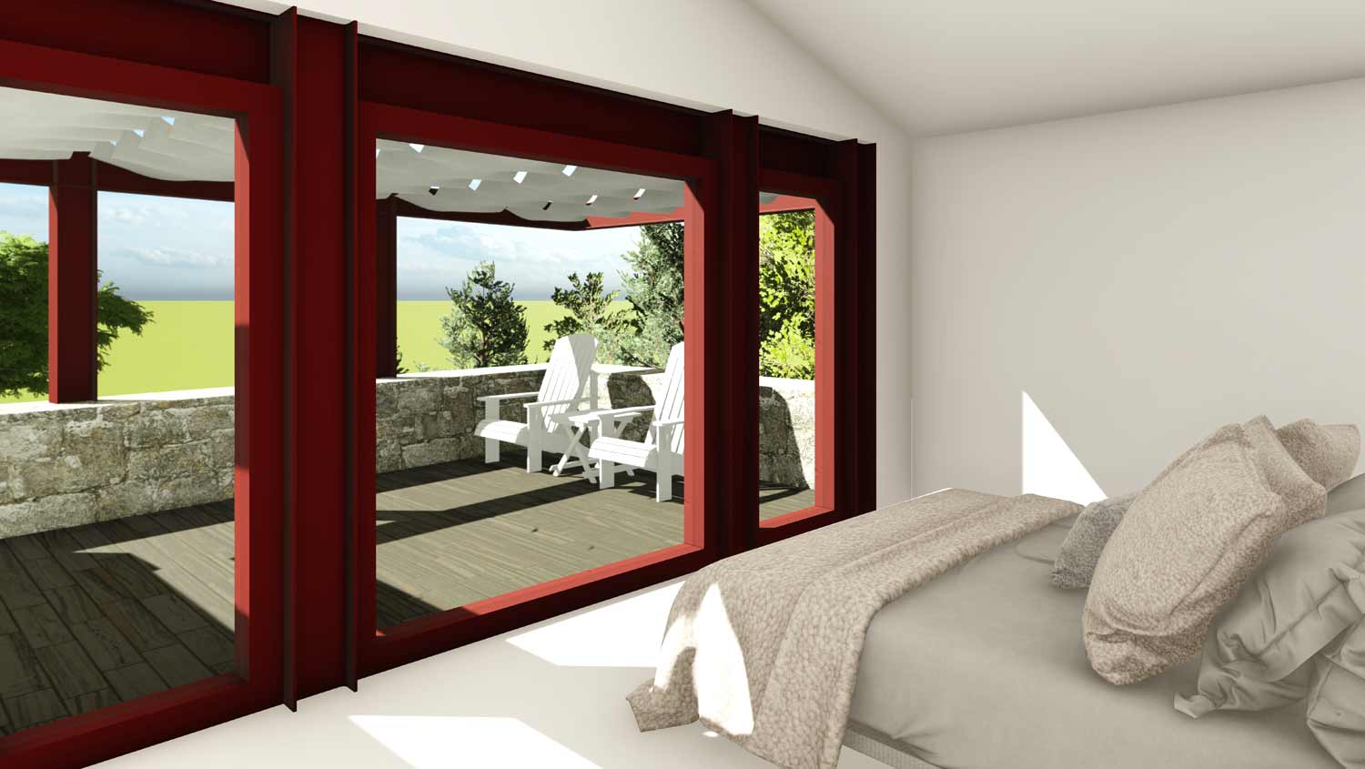 Casa na Aldeia Nova - vista do quarto principal com terraço