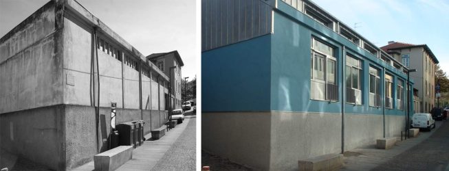 Reconversão em 6 apartamentos de um edifício ocupado por uma oficina - Vista geral da fachada - antes e depois