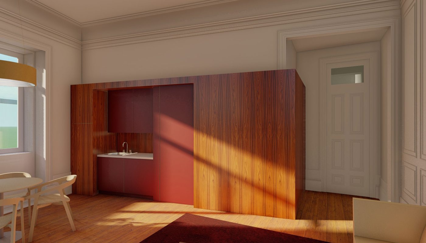 Kitchnette em apartamento em edifício reabilitado na Boavista.