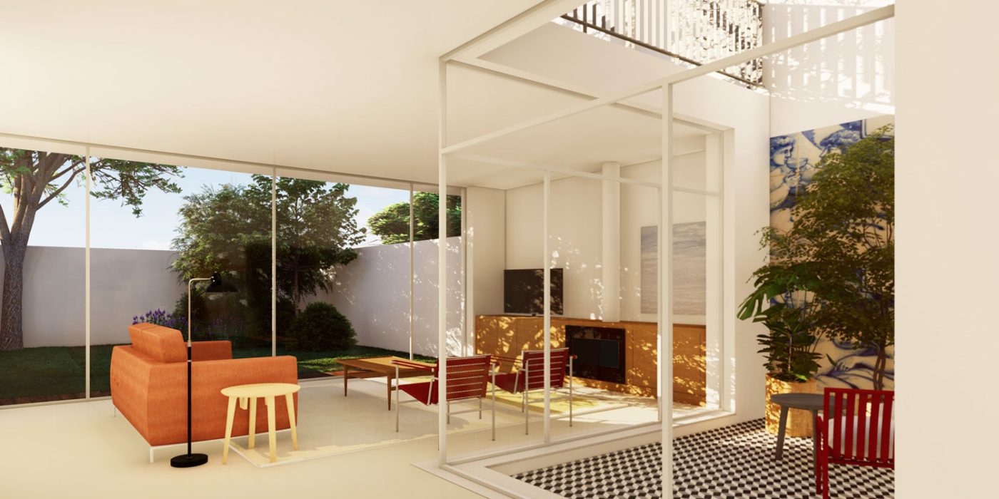 Casas em Nevogilde - Vista do pátio interior descoberto e da sala de estar com o jardim em fundo.